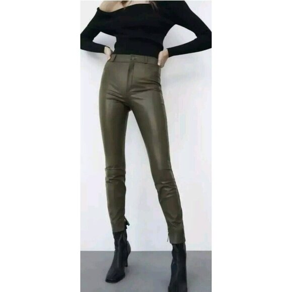 NWT ZARA WOMEN FAUX LEATHER LEGGINGS DARK KHAKI OLIVE SIZE XS 5427/206 - Picture 6 of 6